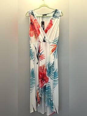 White Tropical Floral High-Low Dress with Coral & Teal, NWT